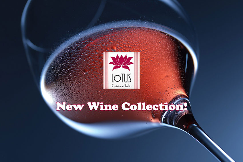 Lotus Cuisine of India - New Wine Collection - Glass of wine, logo and text.