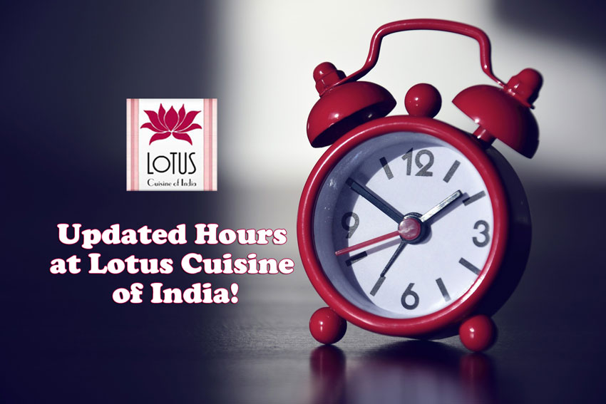 Lotus Cuisine of India - Updated Hours - An alarm clock, logo and texts.