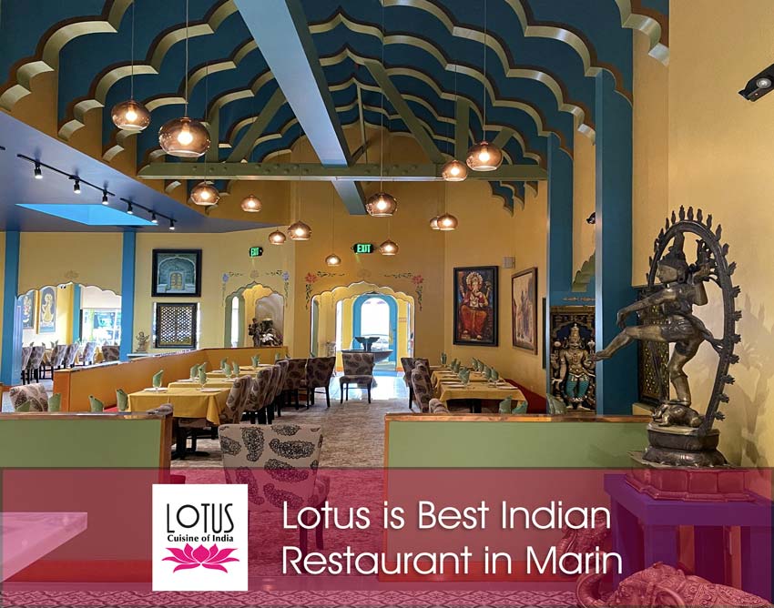 Lotus Cuisine of India - Best Indian Restaurant in Marin - Lotus Cuisine of India Interior, logo and text.