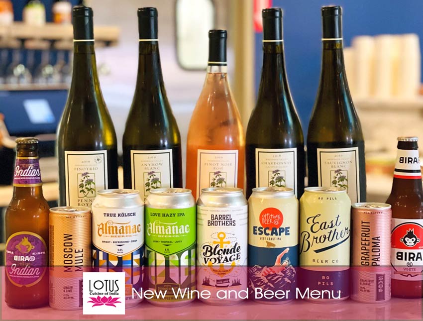 Lotus Cuisine of India - New Wine and Beer Menu - Bottles and cans of Beer and wine, logo and text.