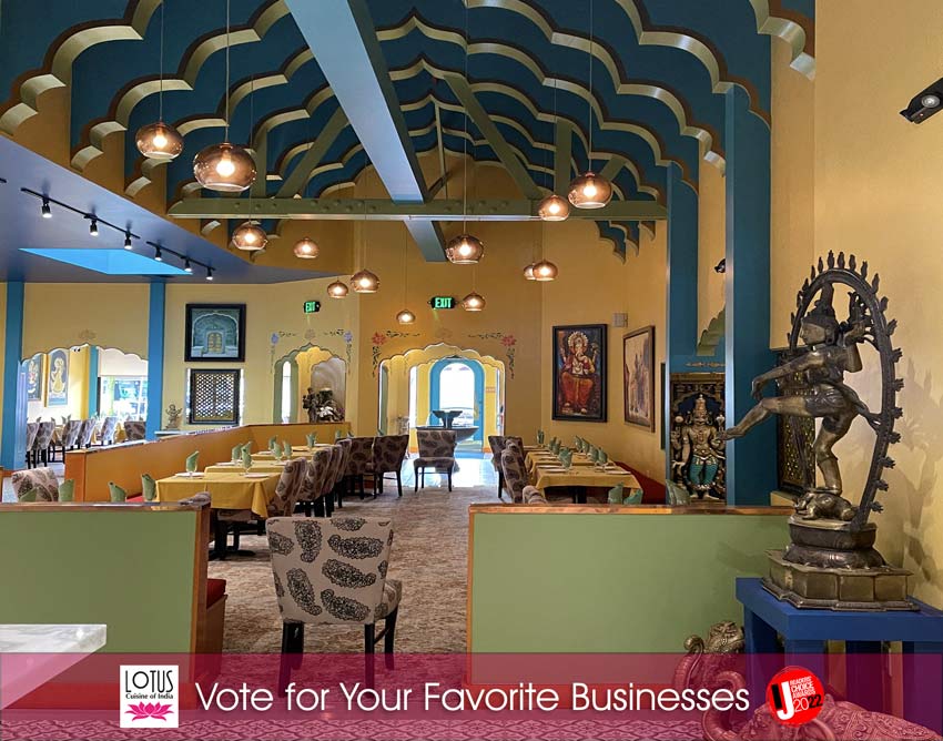 Lotus Cuisine of India - Vote for Your Favorite Businesses in the Marin IJ Readers' Choice 2022 - Lotus Cuisine of India restaurant interior, logos and texts.