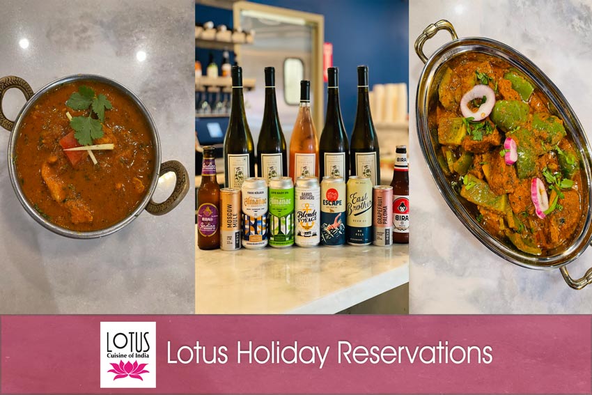 Lotus Cuisine of India - Lotus Holiday Reservation - Images of 2 Lotus dishes, bottles of wine and beer.