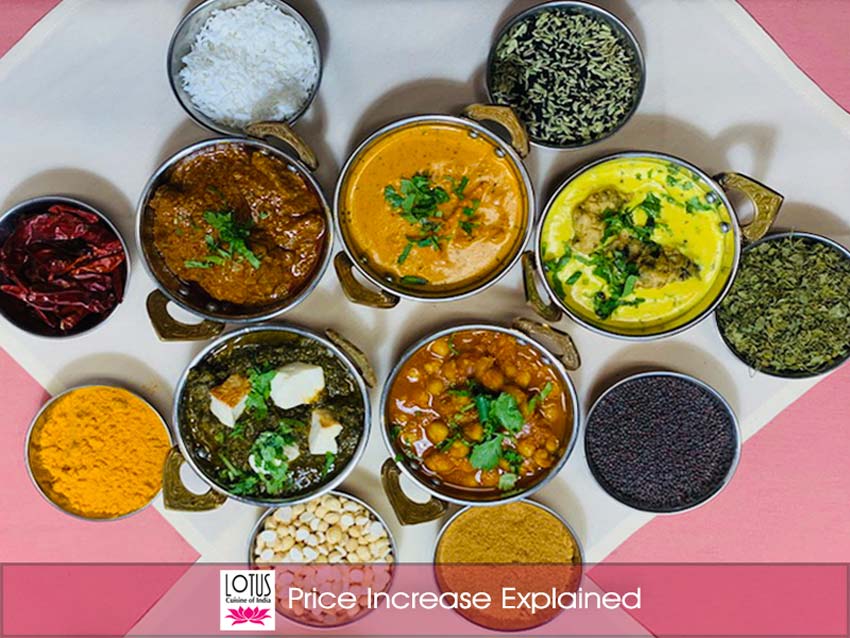 Lotus Cuisine of India - Food Price Increases Explained - Different Lotus Cuisine of India dishes with different spices, logo and text.
