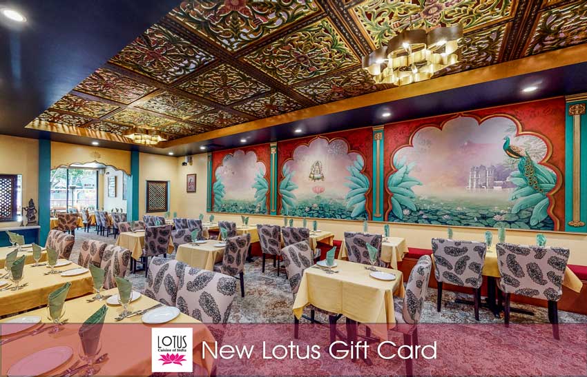 Lotus Cuisine of India - New Lotus Gift Card - Lotus interior, logo and texts.