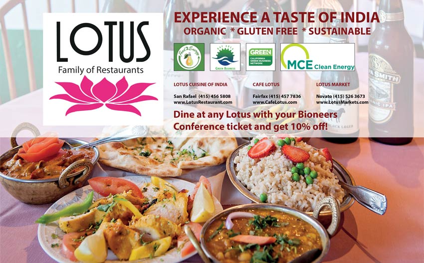 Lotus Cuisine of India - 2022 Bioneers Conference - Bioneers Lotus Ad - Lotus Cuisine of India dishes, logos and texts. 