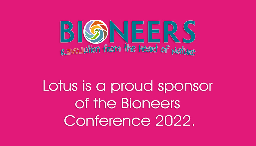 Lotus Cuisine of India - proud sponsor of the Bioneers Conference 2022 - Bioneers logo and texts.