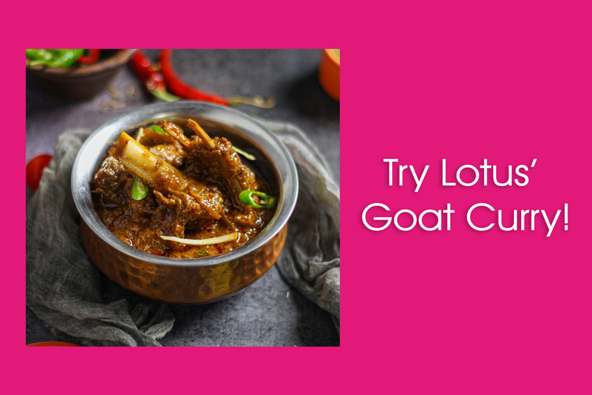 Lotus Cuisine of India - What is Goat Curry - Goat Curry and texts.