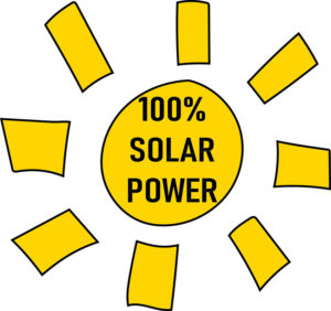 Lotus Cuisine of India and Lotus Market Solar Powered - 100 percent solar power - Illustration of a sun and texts.
