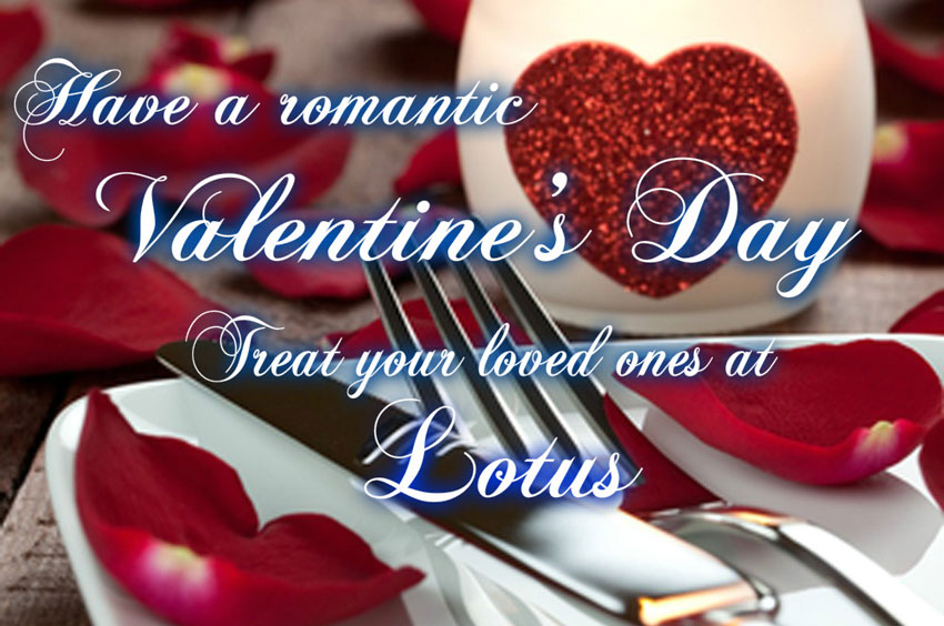 Valentines Day at Lotus Cuisine of India - Plate with petals of roses, a heart-shaped decor, cutleries and texts.
