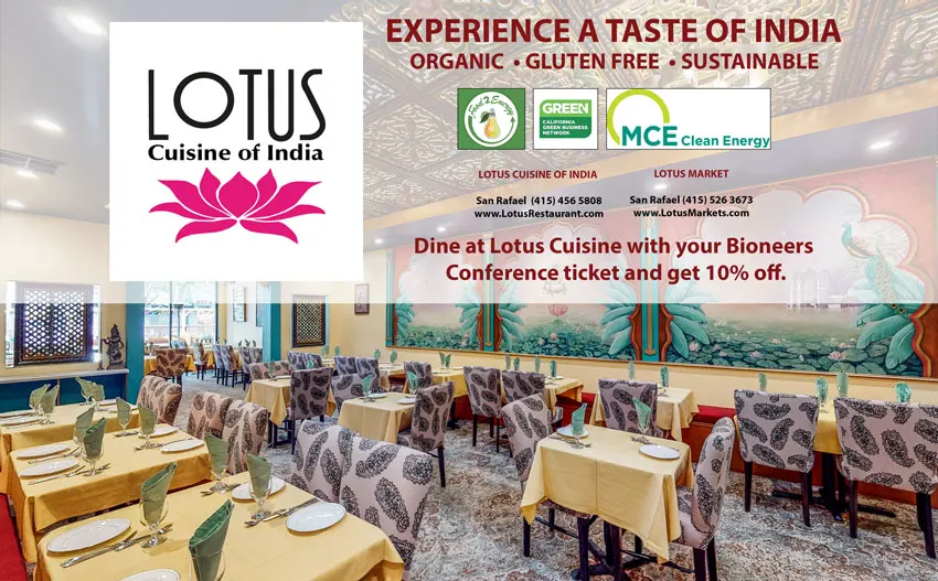 Lotus 2023 Bioneers Ad - Lotus Cuisine of India restaurant interior, logos and texts. 