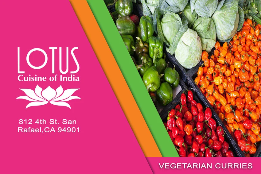 Lotus Cuisine of India - Vegetable Curries - Vegetables, logo and texts.