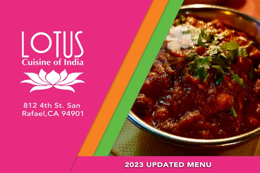 Lotus Cuisine of India - 2023 Updated Menu - Image of an Indian curry, logo and texts.