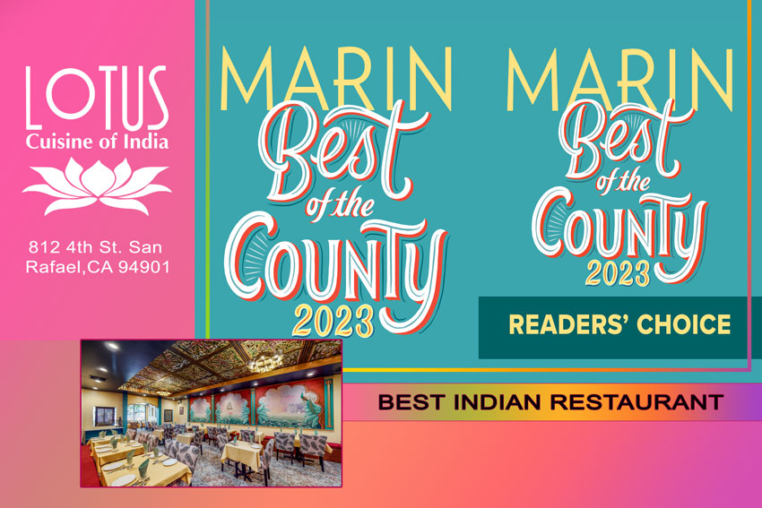 2023-Marin-Magazine's-Best-Indian-Restaurant - Logo, texts and restaurant interior.