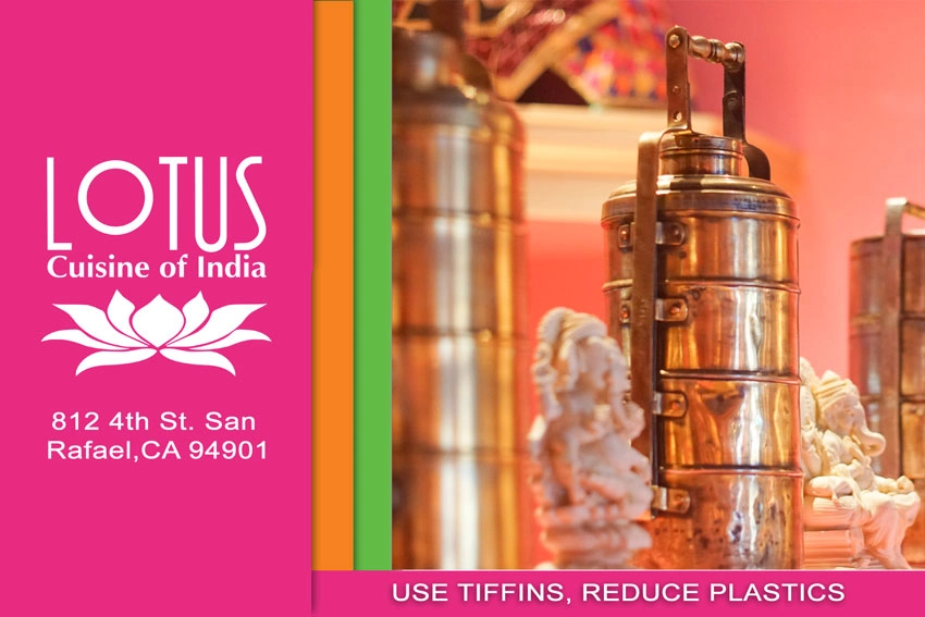 Lotus Cuisine of India - Use Tiffins, Reduce Plastics - Tiffins, logo and texts.