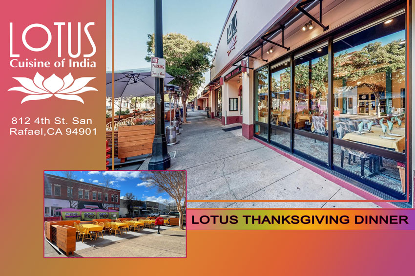 Lotus Cuisine of India - 2023 Lotus Thanksgiving Dinner - 2 images, logo and texts.