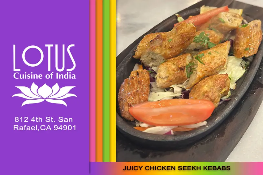 Lotus Cuisine of India - Juicy Chicken Seekh Kebabs - Logo and texts.