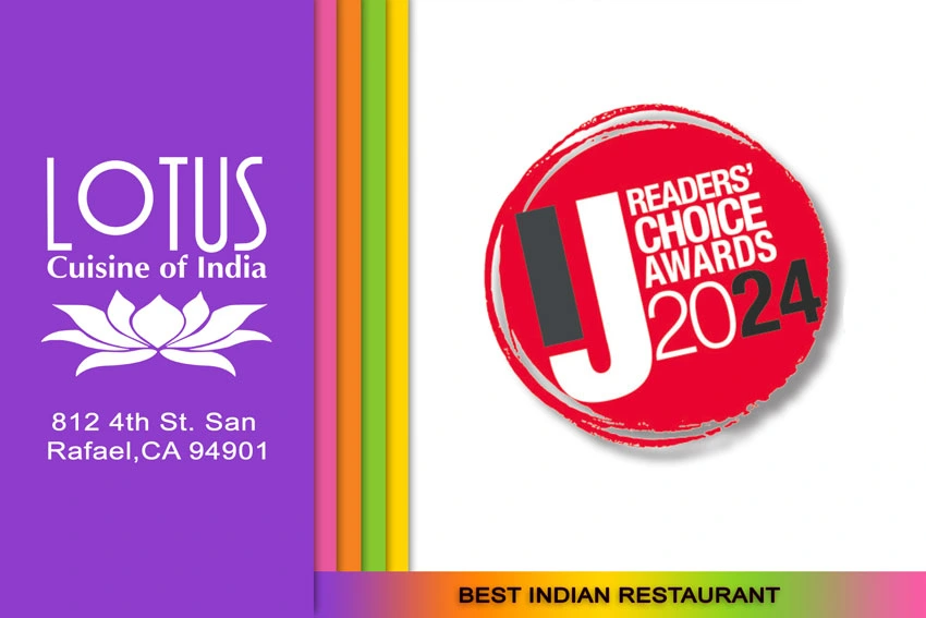 Lotus Cuisine of India - 2024 Marin IJ Readers' Choice Awards - Best Indian Restaurant - Logo, badge and texts.