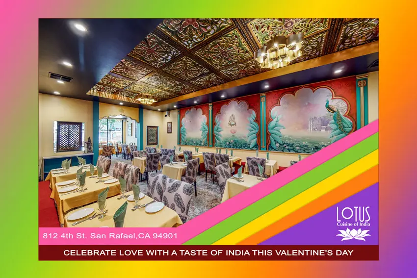 Lotus Cuisine of India - Celebrate Love with A Taste of India This Valentine's Day - Lotus Cuisine of India interior, logo and texts.
