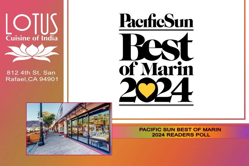 Lotus Cuisine of India - Pacific Sun Best of Marin 2024 Readers Poll - Lotus front, logos and texts.